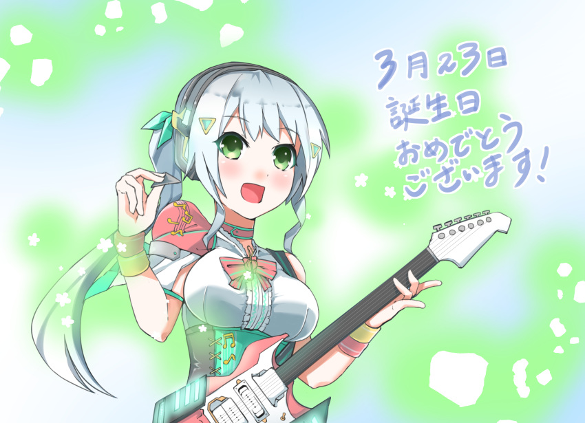 blush bow center_frills choker clothing_request corset electric_guitar female frilled_shirt frills green_bow green_eyes grey_hair guitar hairbow hand_up headset highres hizuki_miu hizukichi_(windplay) holding holding_instrument idol_clothes instrument long_hair multicolored_clothes music musical_note musical_note_print open_mouth pink_bow pink_choker playing_instrument plectrum shirt shoulder_strap side_ponytail sidelocks sleeveless sleeveless_shirt smile solo translation_request triangle_hair_ornament underbust virtual_youtuber wactor_production white_shirt wristband