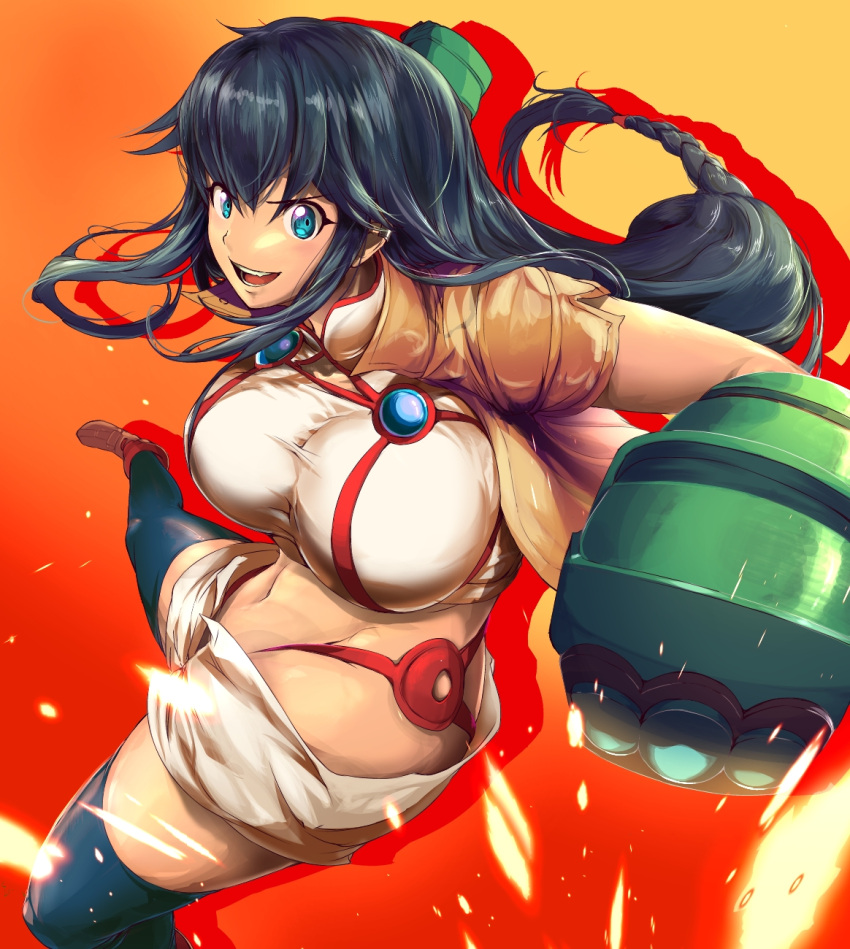 bad_anatomy black_hair blue_eyes braid breasts commentary_request crop_top earrings female gauntlets highres huge_breasts impossible_clothes impossible_shirt jewelry kanami_(log_horizon) log_horizon long_hair low-braided_long_hair low-tied_long_hair midriff navel outline pekoneko revision shirt shorts single_braid smile solo thighhighs very_long_hair