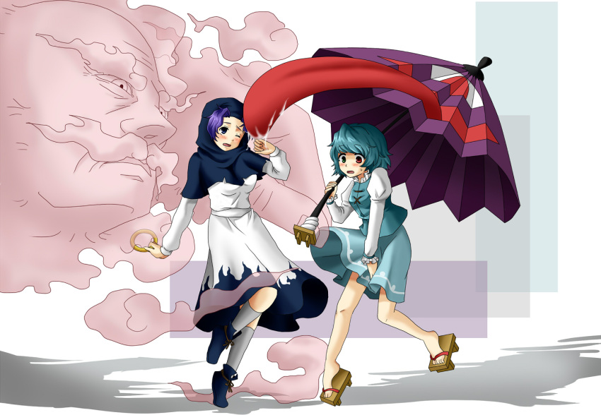 2girls blue_eyes commentary_request geta heterochromia hood karakasa_obake kumoi_ichirin multiple_girls purple_umbrella saliva sandals shadow shia_(lv43) skirt tatara_kogasa tongue touhou umbrella unzan