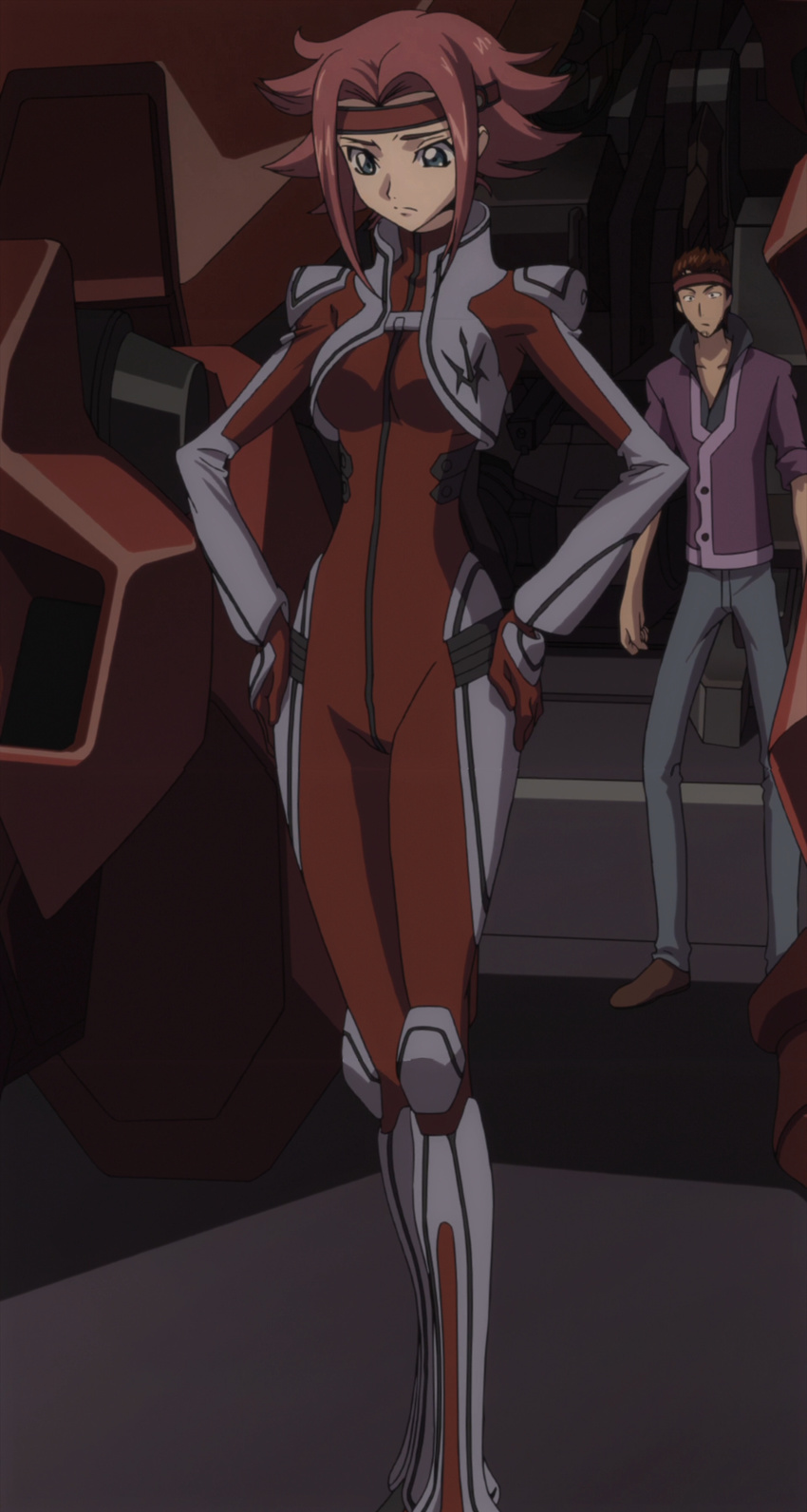 absurdres blue_eyes bodysuit breasts code_geass guren_nishiki hands_on_hips highres hips kallen_stadtfeld red_hair screencap shinichiro_tamaki stitched