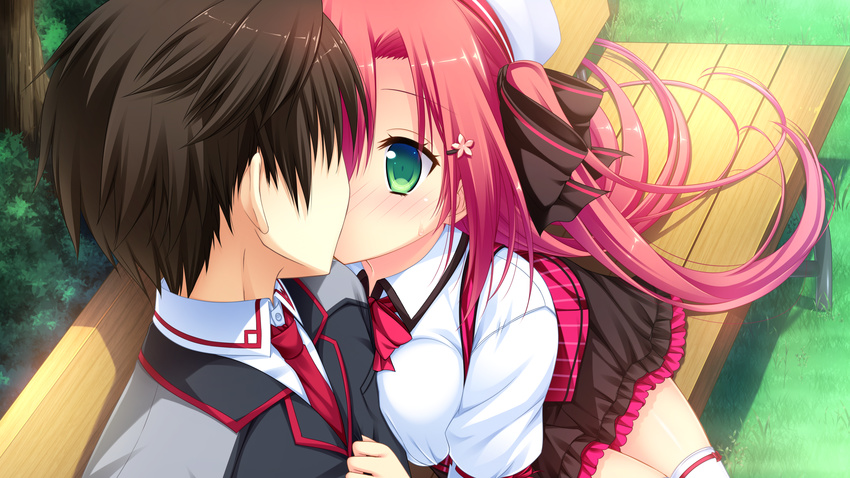 aqua_eyes breasts brown_hair game_cg grass kakiya_koyuki kissing long_hair male mirai_kanojo pink_hair pulltop seifuku short_hair tagme_(artist) thighhighs tree tsutsui_takaya zettai_ryouiki