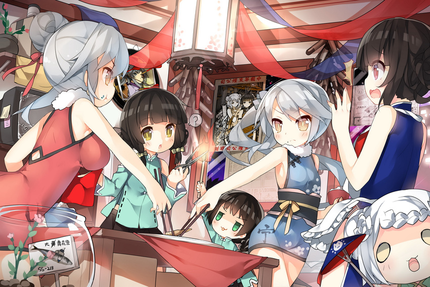 albacore anthro black_hair braids brown_eyes chinese_clothes chinese_dress chongqing fire food gray_hair green_eyes group kaga ninghai pinghai pink_eyes saru short_hair translation_request white_hair wink yellow_eyes yingrui yixian zhanjian_shaonu zhaohe