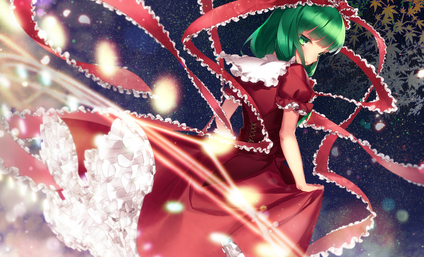 dress green_eyes green_hair kagiyama_hina leaves night ribbons shiyun stars touhou