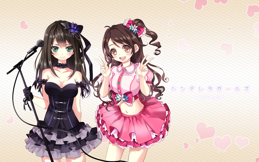 2girls black_hair blush breasts brown_eyes brown_hair choker cleavage dress gloves green_eyes headdress heart idolmaster_cinderella_girls long_hair microphone navel noaru shibuya_rin shimamura_uzuki skirt watermark