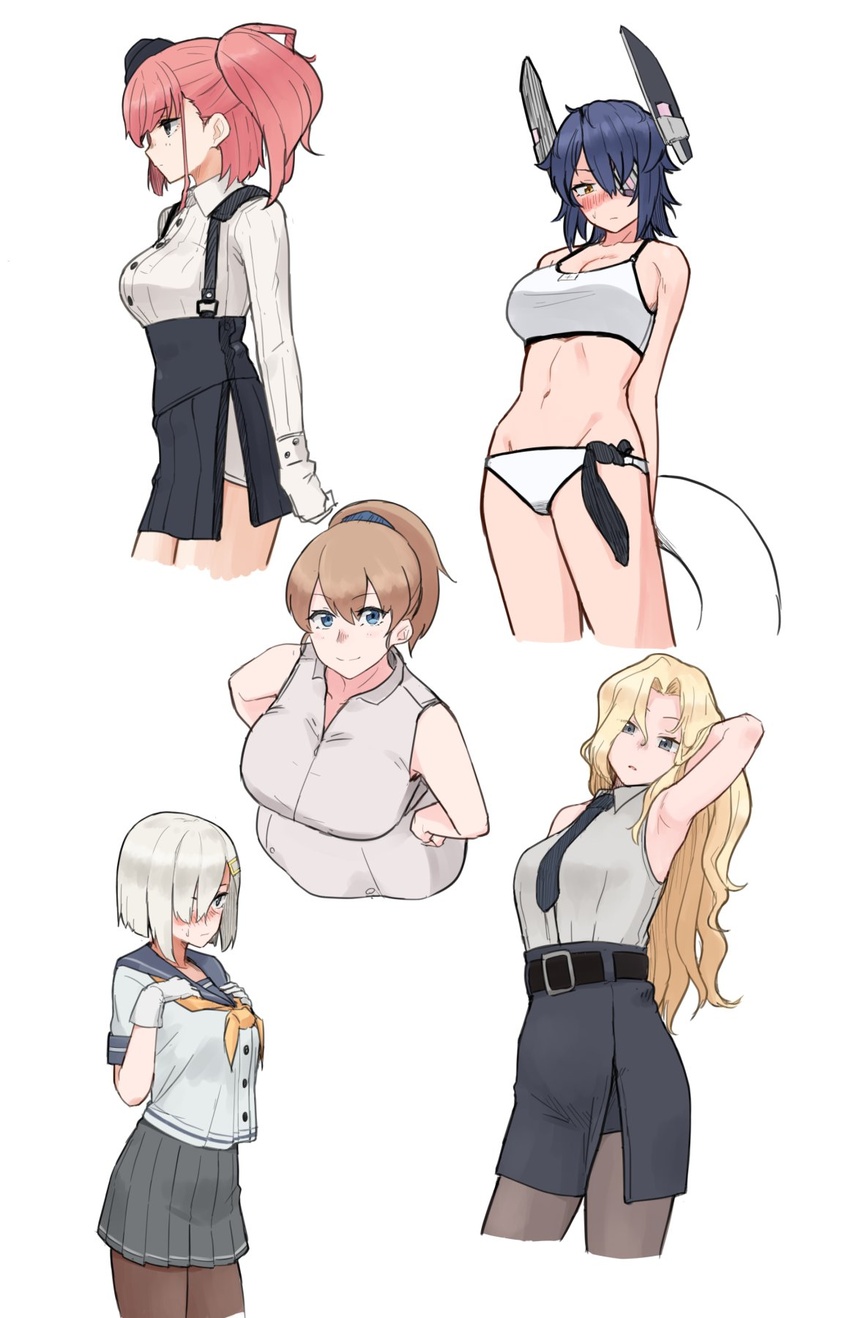 5girls armpits atlanta_(kancolle) belt belt_buckle bikini black_belt black_headwear black_necktie black_pantyhose black_skirt blonde_hair blue_eyes blush breasts brown_eyes brown_hair buckle buttons check_commentary cleavage collarbone collared_shirt commentary_request cowboy_shot cropped_legs dress_shirt eyepatch from_side garrison_cap gloves grey_eyes grey_hair grey_sailor_collar grey_skirt groin hair_between_eyes hair_ornament hair_over_one_eye hairclip hamakaze_(kancolle) hat headgear high-waist_skirt highres hornet_(kancolle) innertube intrepid_(kancolle) kantai_collection large_breasts long_hair long_sleeves multiple_girls navel neckerchief necktie no_headwear official_alternate_costume pantyhose partially_fingerless_gloves pencil_skirt pleated_skirt ponytail purple_hair sailor_collar school_uniform serafuku shirt short_hair short_sleeves simple_background skirt sleeveless sleeveless_shirt standing suspender_skirt suspenders swim_ring swimsuit tenryuu_(kancolle) tenryuu_(swimsuit_mode)_(kancolle) tsurugi_(the_horizon) two_side_up white_background white_bikini white_gloves white_shirt yellow_neckerchief