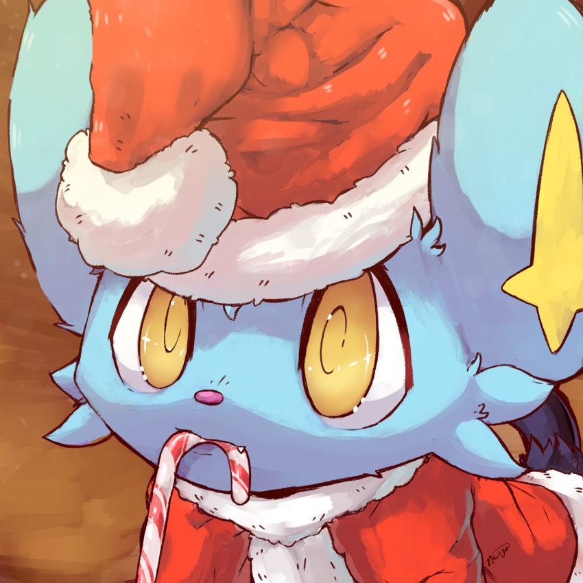 1:1 2018 ambiguous_gender black_body black_fur blue_body blue_fur candy candy_cane christmas christmas_clothing christmas_headwear clothed clothed_feral clothing cute_fangs dessert digital_media_(artwork) ears_up felid feline feral festive fluffy food fur generation_4_pokemon happy hat headgear headwear hi_res holidays looking_at_viewer mammal nintendo open_mouth pink_nose plattyneko pokemon pokemon_(species) santa_hat shinx snout solo thin_tail yellow_eyes