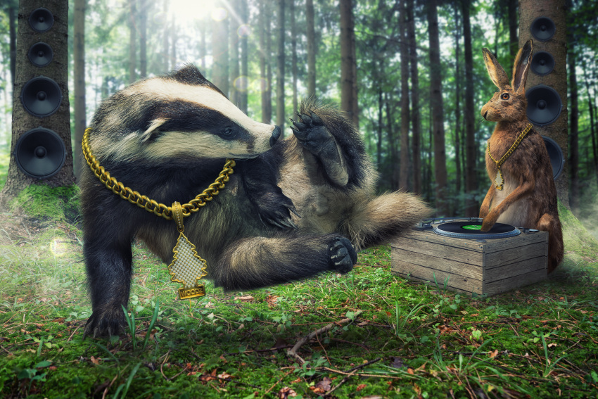 3d_(artwork) ambiguous_gender badger bling breakdancing dancing digital_media_(artwork) duo feral hare hi_res john_wilhelm lagomorph leporid male mammal mustelid musteline