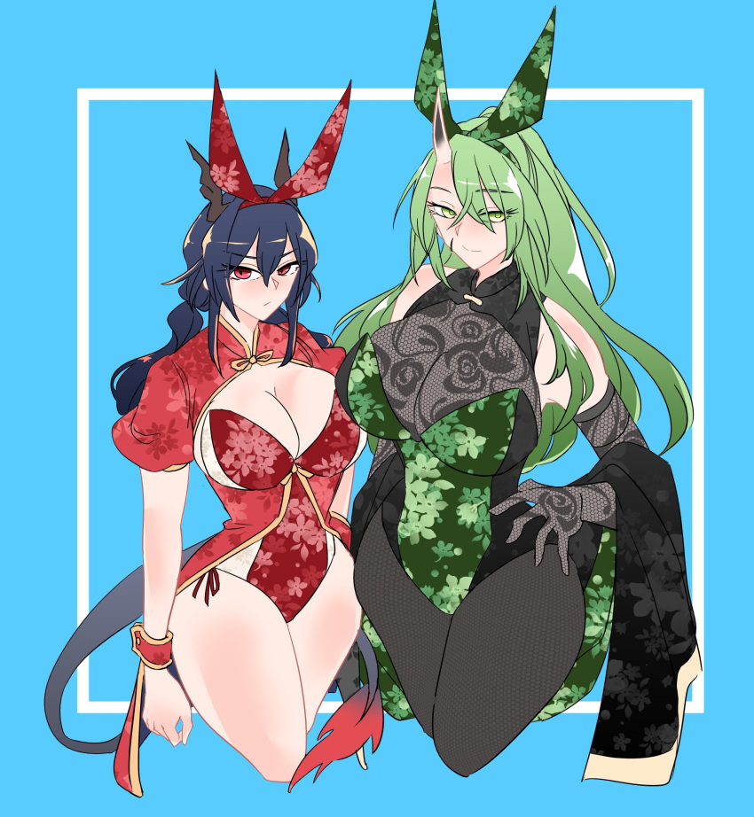 2girls arknights black_gloves black_hair black_legwear blue_background bow_hairband breasts ch'en_(arknights) cleavage commentary cowboy_shot fishnet_gloves fishnet_legwear fishnets floral_print framed gloves green_eyes green_hair hairband hand_on_own_hip highres hisaki_(morenabe) horns hoshiguma_(arknights) huge_breasts large_breasts leotard long_hair looking_at_viewer multiple_girls pantyhose puffy_short_sleeves puffy_sleeves red_eyes rose_print short_sleeves simple_background single_horn skin-covered_horns sleeveless tail twintails wrist_cuffs