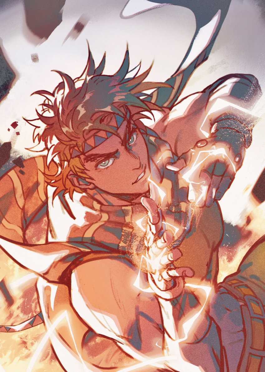 1boy abs battle_tendency crop_top dutch_angle electricity fingerless_gloves gloves hamon headband highres jojo_no_kimyou_na_bouken joseph_joestar joseph_joestar_(young) male_focus midriff scarf solo spiked_hair striped_clothes striped_scarf triangle_print xianlan