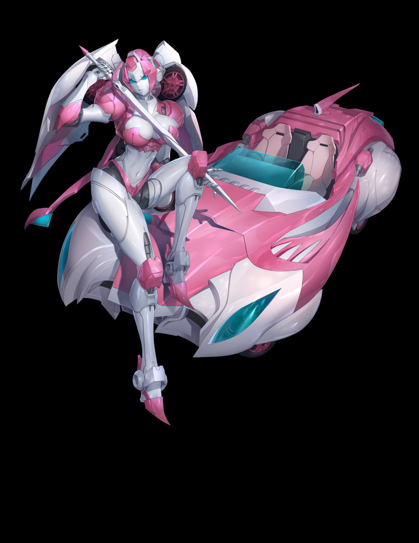 absurdres arcee bad_id bad_twitter_id big_firebird_toys blue_eyes breasts car cleavage female highres holding holding_sword holding_weapon large_breasts lips looking_at_viewer metal_skin mhk_(mechamania) motor_vehicle navel nicee official_art robot simple_background smile solo sword transformers vehicle_focus weapon