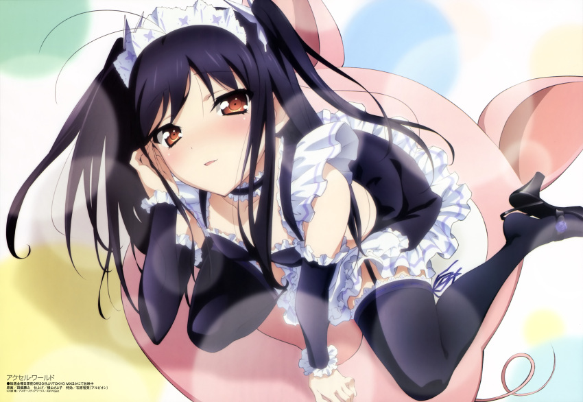 absurdres accel_world black_hair black_thighhighs brown_eyes detached_sleeves female garter_straps headdress highres kneeling kuroyukihime long_hair long_legs maid megami_magazine official_art solo tabata_hisayuki thighhighs twintails very_long_hair