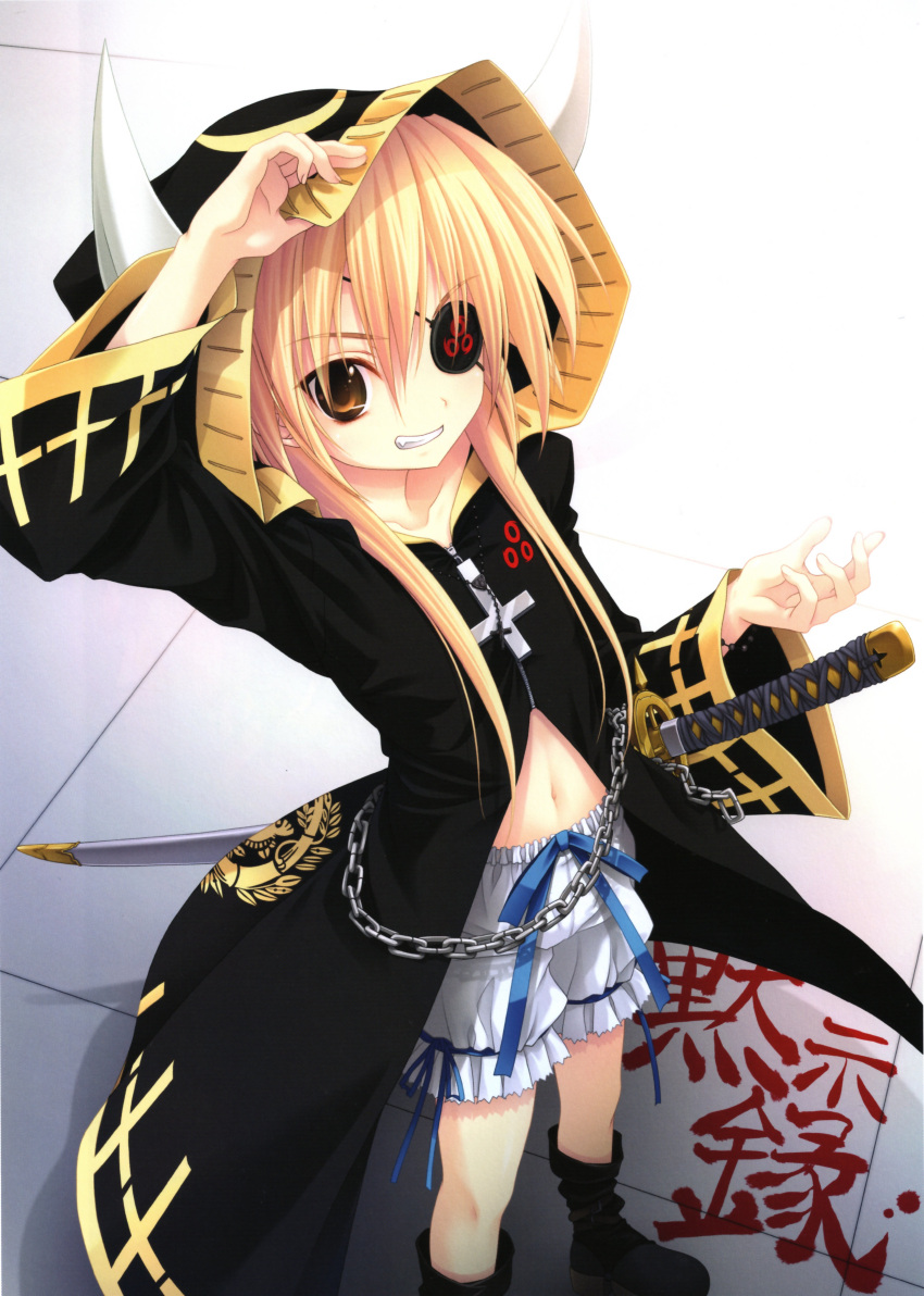 absurdres blonde_hair bloomers bontenmaru_(oda_nobuna_no_yabou) boots check_translation cross eyepatch female frills from_above highres hood horns jewelry katana looking_at_viewer midriff miyama-zero navel necklace oda_nobuna_no_yabou oerba_yun_fang official_art ribbon smile solo sword translation_request underwear weapon yellow_eyes