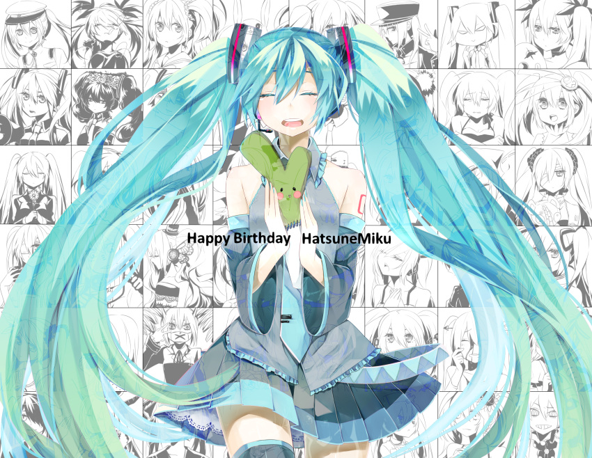 aqua_hair arifureta_sekai_seifuku_(vocaloid) cat_food_(vocaloid) character_name closed_eyes commentary_request detached_sleeves female hachune_miku hajimete_no_koi_ga_owaru_toki_(vocaloid) hannyashingyou_pop_(vocaloid) happy_birthday hatsune_miku highres himitsu_keisatsu_(vocaloid) kagerou_days_(vocaloid) karakuri_pierrot_(vocaloid) koi_wa_sensou_(vocaloid) lol_-lots_of_laugh-_(vocaloid) long_hair lost_and_found_(vocaloid) magnet_(vocaloid) matryoshka_(vocaloid) necktie nisoku_hokou_(vocaloid) pineapple_(a30930s) rolling_girl_(vocaloid) romeo_to_cinderella_(vocaloid) saihate_(vocaloid) see-through senbonzakura_(vocaloid) shiteyan'yo skirt solo songover spica_(vocaloid) spring_onion the_beast_(vocaloid) thighhighs twintails very_long_hair vocaloid world_is_mine_(vocaloid)