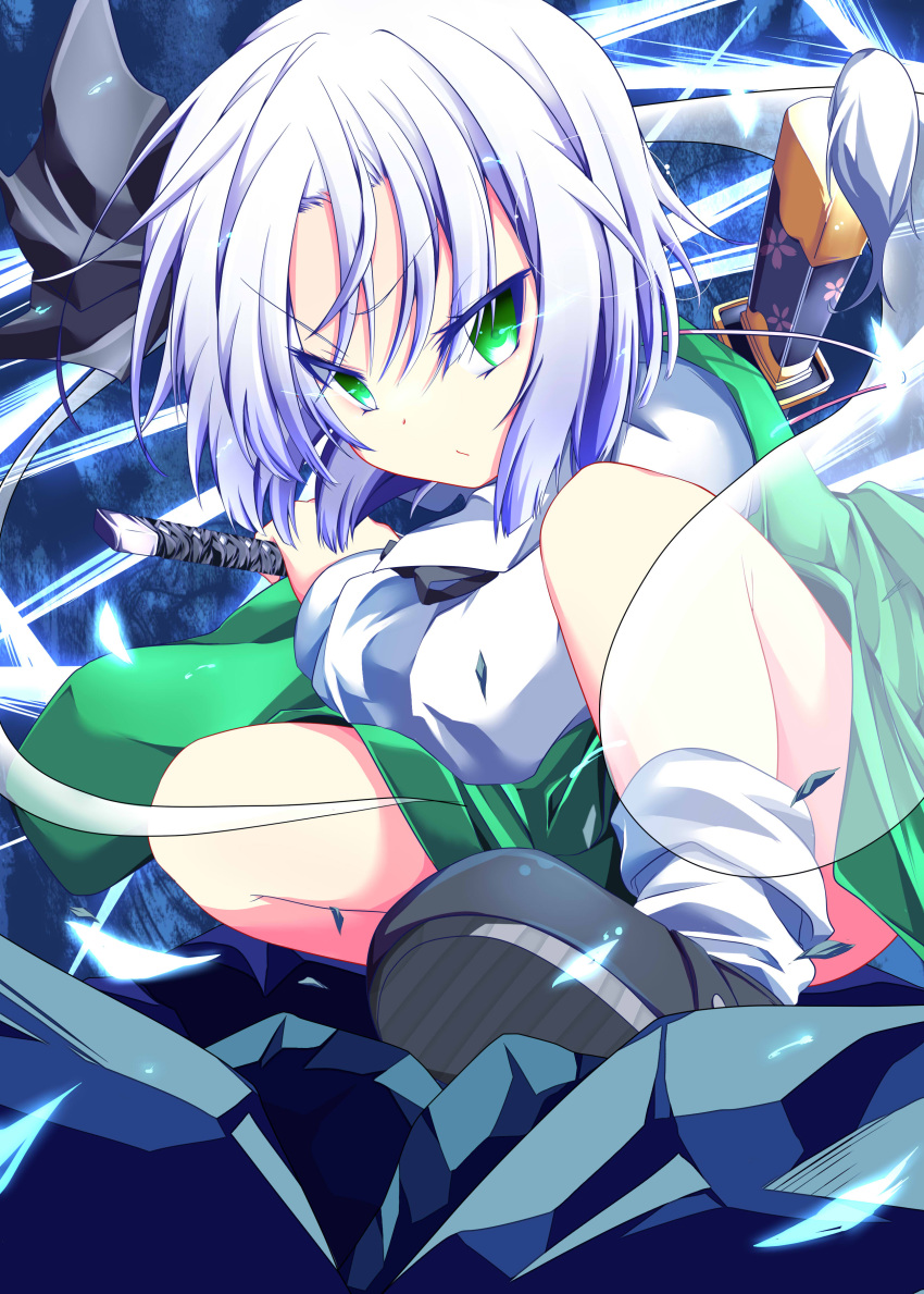 absurdres black_hairband commentary_request female fighting_stance ghost green_eyes hairband highres hitodama katana konpaku_youmu konpaku_youmu_(ghost) shoes short_hair socks solo squatting sword touhou wakagi_repa weapon white_hair white_socks