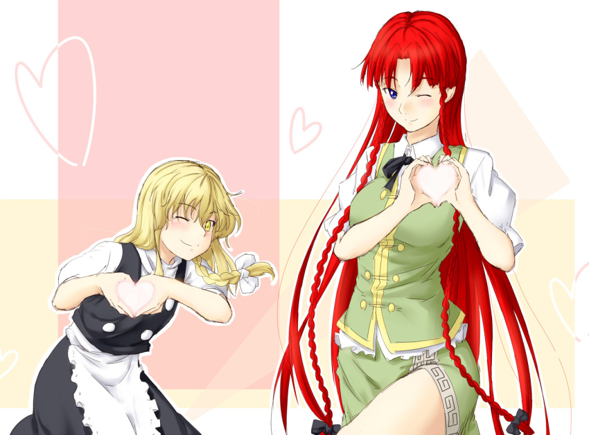 2girls ;) apron blonde_hair blue_eyes braid commentary_request heart heart_hands hong_meiling kirisame_marisa long_hair multiple_girls niwatazumi no_headwear one_eye_closed red_hair ribbon single_braid smile touhou twin_braids very_long_hair waist_apron yellow_eyes