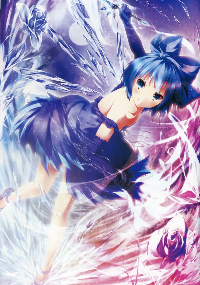 >:) absurdres alternate_costume bare_shoulders blue_bow blue_eyes blue_hair blush bow cirno crystal_sword dabadhi dress elbow_gloves female flower gloves hairbow highres holding ice ice_flower ice_wings magic photoshop_(medium) rose scan short_hair smile solo spinning sword touhou v-shaped_eyebrows weapon wings