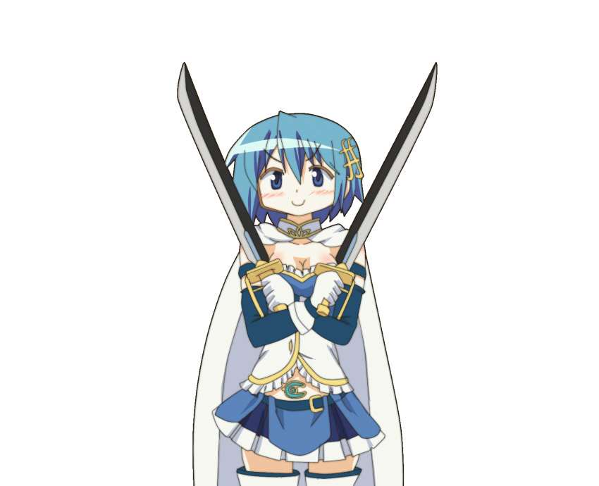 animated animated blue_eyes blue_hair blush breasts cape dual_wielding female fortissimo hair_ornament hairclip hangaku highres holding magical_girl mahou_shoujo_madoka_magica mahou_shoujo_madoka_magica_(anime) mahou_shoujo_madoka_magica_movie_1_&_2 medium_breasts miki_sayaka miki_sayaka_(magical_girl) musical_note musical_note_hair_ornament short_hair skirt smile solo sword transparent_background weapon white_cape