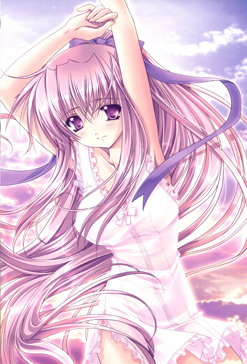 absurdres armpits arms_up cloud copyright_request dress female highres legs long_hair ponytail purple purple_eyes purple_hair ryuuga_shou sky sundress very_long_hair