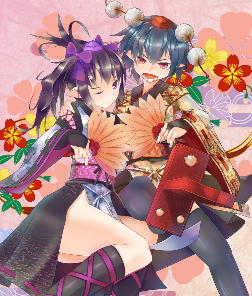 2girls adapted_costume commentary_request flower gauntlets geta hat highres himekaidou_hatate hira_(nanika_no_heya) japanese_clothes kourindou_tengu_costume leaf long_hair multiple_girls no_panties one_eye_closed shameimaru_aya short_hair socks tengu thighhighs thighs tokin_hat touhou wide_sleeves