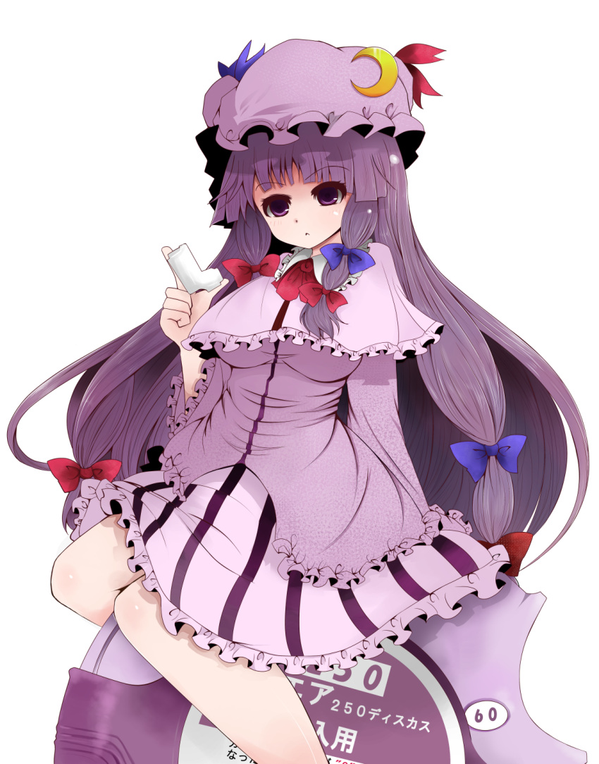 arano_oki asthma bow capelet commentary_request crescent female hairbow hat highres inhaler long_hair long_sleeves medicine open_mouth patchouli_knowledge purple_eyes purple_hair sitting solo touhou very_long_hair wide_sleeves