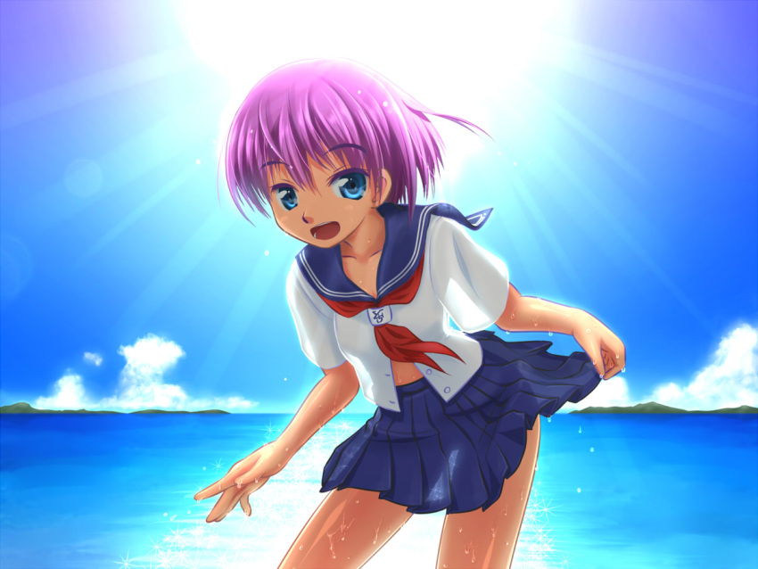 blue_eyes clothes_lift commentary_request female lifting_own_clothes midriff open_mouth original purple_hair school_uniform see-through serafuku short_hair skirt skirt_lift smile solo sun wet yasutake