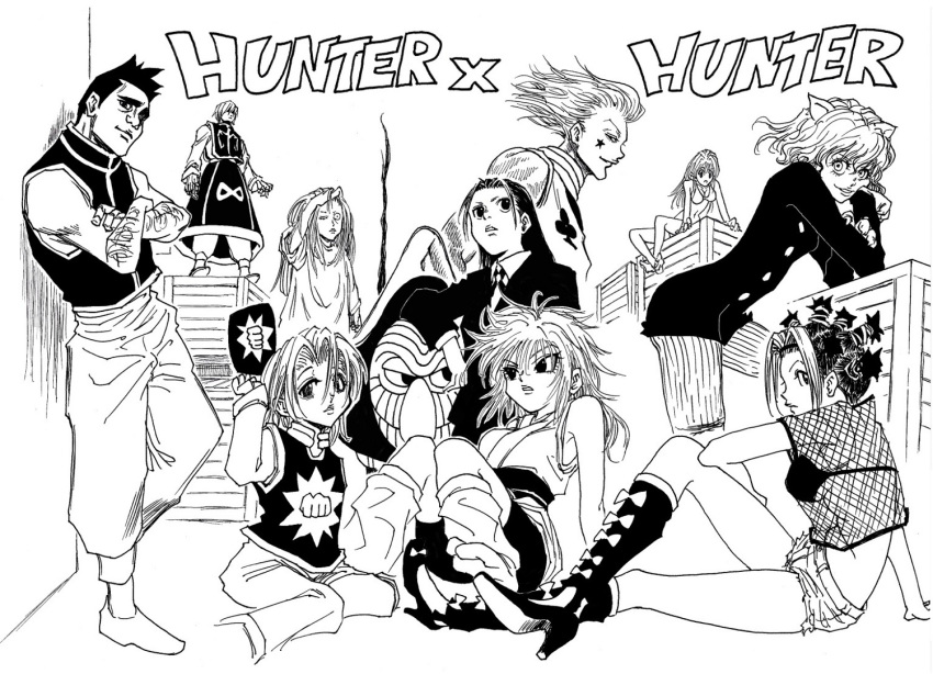 amane_(hunter_x_hunter) black_hair breasts everyone group hat hisoka hunter_x_hunter kurapika long_hair looking_aside looking_at_viewer machi machi_(hunter_x_hunter) menchi_(hunter_x_hunter) monochrome multiple_girls nefelpitou neon_nostrade short_hair shorts sitting smile