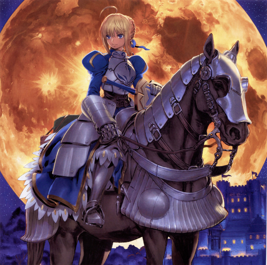 absurdres ahoge armor armored_dress artoria_pendragon_(fate) avalon_(fate/stay_night) barding binding_discoloration blonde_hair blue_eyes braid braided_bun castle fate/stay_night fate_(series) female full_moon gauntlets hair_bun hair_ribbon highres horse horseback_riding huge_moon moon night night_sky orange_moon paint.net_(medium) ribbon riding saber_(fate) sky sword weapon yasuda_akira