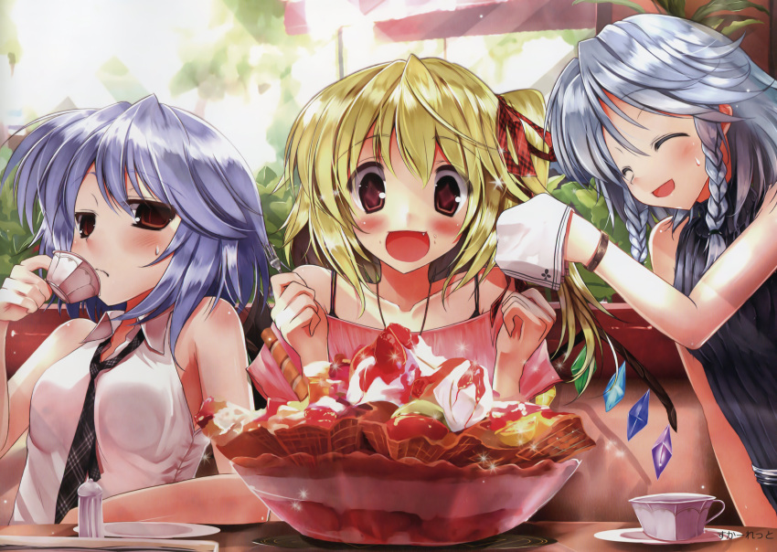 +_+ 3girls :d ^_^ alternate_costume artist_name bare_shoulders blonde_hair blue_hair blush braid casual closed_eyes contemporary cup flandre_scarlet food grey_hair hair_ribbon highres holding izayoi_sakuya multiple_girls necktie no_headwear oerba_yun_fang open_mouth photoshop_(medium) red_eyes remilia_scarlet ribbon saucer scan scarlet_(studioscr) short_hair smile sweatdrop teacup touhou twin_braids