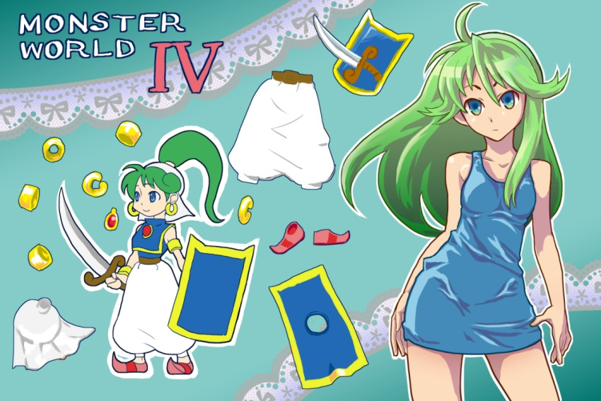 arabian_clothes asha_(monster_world) bad_id bad_pixiv_id banned_artist blue_dress blue_eyes bracelet copyright_name dress earrings green_background green_hair jewelry kamiomutsu long_hair monster_world monster_world_iv pants ponytail shield shoes skirt smile solo sword weapon