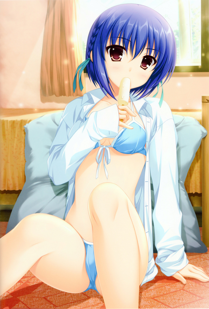 absurdres alpha_(yukai_na_nakamatachi) bikini bikini_under_clothes blue_bikini blue_hair braid breasts brown_eyes dress_shirt eating female food front-tie_top hair_ribbon highres looking_at_viewer medium_breasts mouth_hold oone_touka open_clothes open_shirt photoshop_(medium) popsicle ribbon scan sharin_no_kuni_himawari_no_shoujo shirt short_hair side_braid sitting sleeves_past_wrists solo string_bikini swimsuit