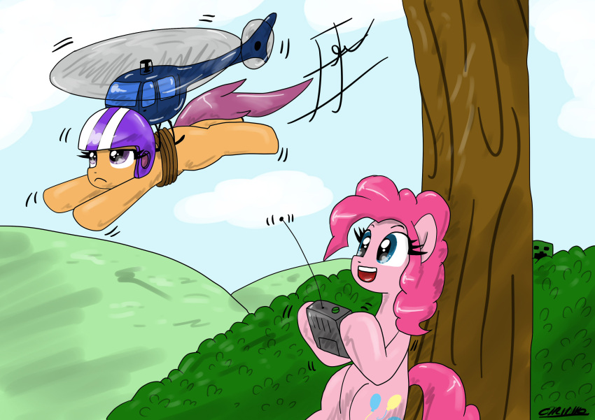 absurd_res aircraft armor blue_eyes ciriliko cloud controller creeper_(minecraft) crossover cutie_mark duo earth_pony equid equine female feral flying friendship_is_magic hasbro headgear helicopter helmet hi_res horse mammal microsoft minecraft mojang my_little_pony outside pinkie_pie_(mlp) plant pony purple_eyes quadruped remote_control scootaloo_(mlp) sky tail tree vehicle wood xbox_game_studios young young_feral