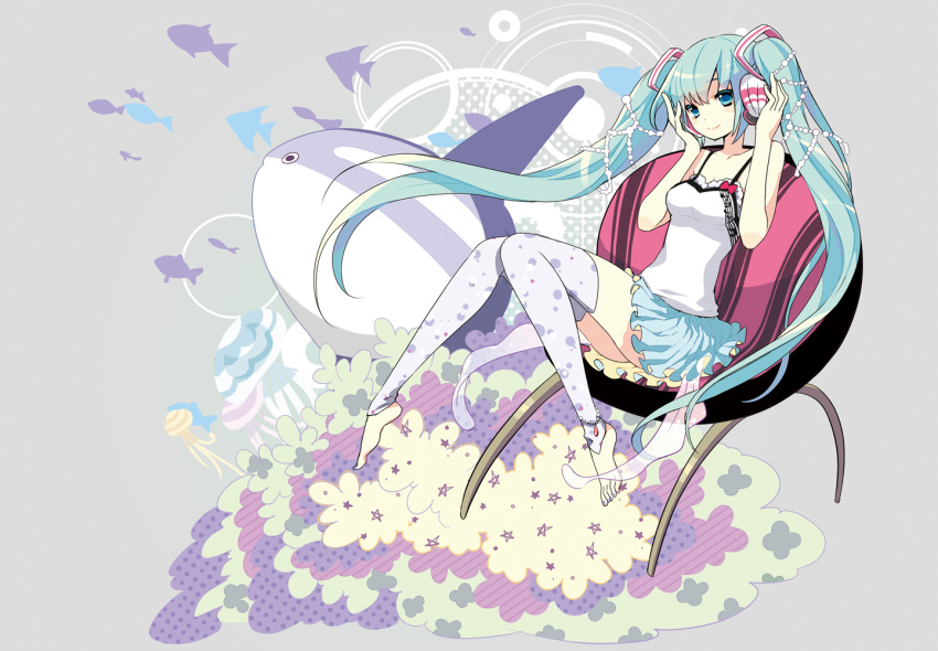 anklet aqua_eyes aqua_hair chair commentary_request elbow_gloves feet female fish full_body gin_(oyoyo) gloves hatsune_miku headset jewelry long_hair nail_polish photoshop_(medium) sitting smile solo sunfish thighhighs toeless_legwear toenail_polish toenails twintails very_long_hair vocaloid