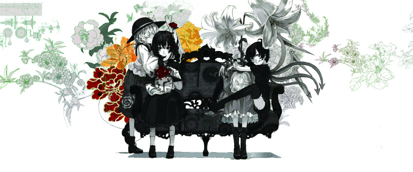 4girls absurdres asymmetrical_wings bad_id bad_pixiv_id clock closed_eyes cosmic_(crownclowncosmic) couch drawing_(object) dress flower hat head_hug heart heart_of_string highres holding houjuu_nue komeiji_koishi maribel_hearn multiple_girls resized shoes short_hair sitting skirt smile snake socks thighhighs third_eye touhou trojan_green_asteroid usami_renko wings zettai_ryouiki