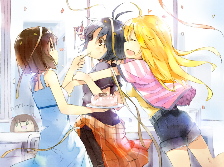 3girls :d ^_^ ahoge black_hair blonde_hair brown_eyes brown_hair cake closed_eyes commentary_request confetti dress eating food hagiwara_yukiho hoshii_miki idolmaster idolmaster_(classic) kikuchi_makoto multiple_girls nerima_(neconicoban) nonowa open_mouth party_popper short_hair shorts smile striped