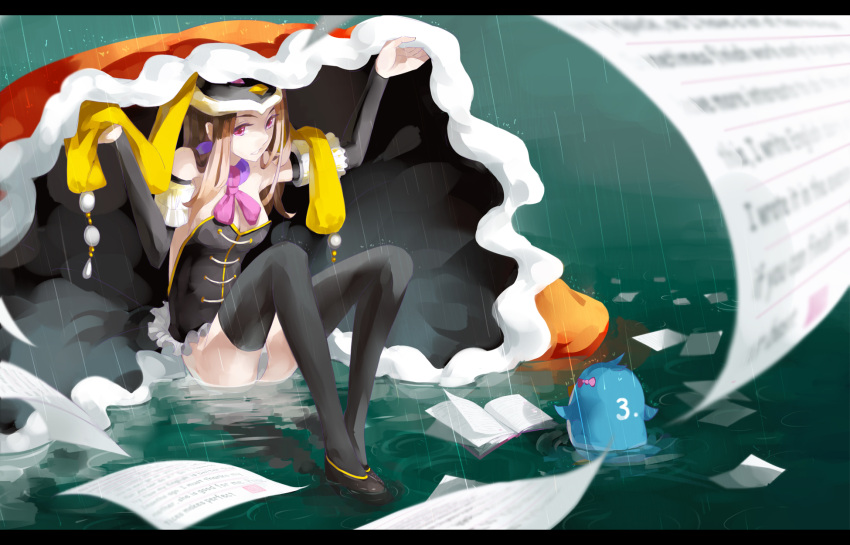 animal_hat bad_id bad_pixiv_id bare_shoulders black_thighhighs book breasts brown_hair cleavage female hat highres letterboxed long_hair long_legs looking_at_viewer mawaru_penguindrum medium_breasts nine_(liuyuhao1992) penguin_3-gou photoshop_(medium) pink_eyes princess_of_the_crystal rain sitting solo takakura_himari thighhighs water