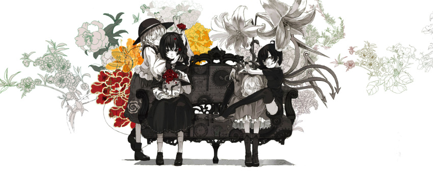 4girls black_dress clock commentary_request cosmic_(crownclowncosmic) couch dress flower full_body highres houjuu_nue hug komeiji_koishi lolita_fashion maribel_hearn monochrome multiple_girls photoshop_(medium) resized simple_background sitting standing thighhighs touhou trojan_green_asteroid usami_renko white_background