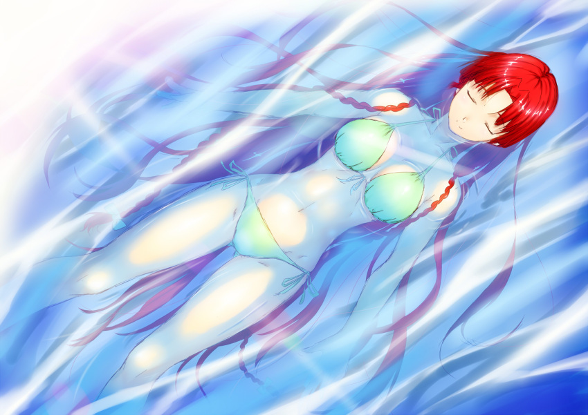 afloat bikini braid breasts closed_eyes commentary_request female green_bikini hong_meiling long_hair medium_breasts niwatazumi no_headwear red_hair side-tie_bikini_bottom smile solo swimsuit touhou twin_braids very_long_hair