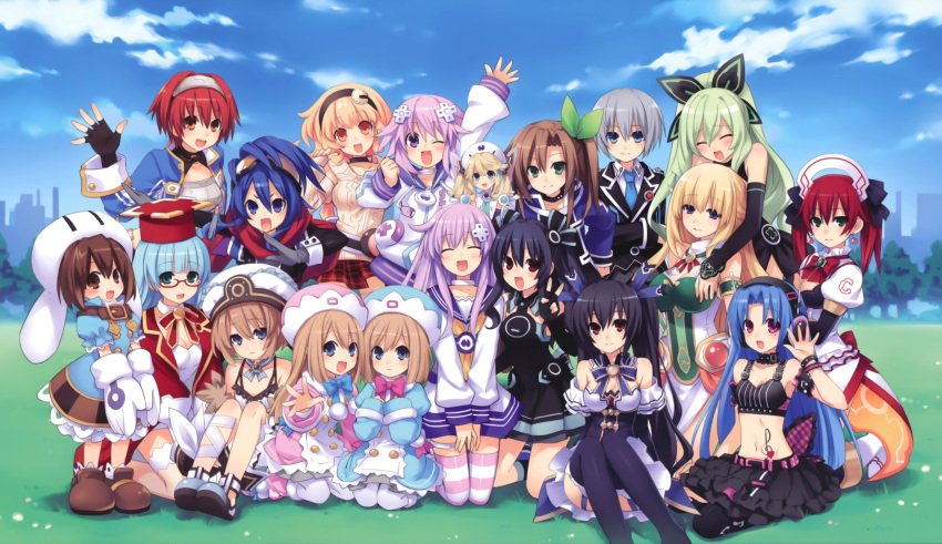 5pb_(neptunia) 6+girls :d ;d absurdres annotated black_pantyhose black_thighhighs blanc_(neptunia) blonde_hair blue_eyes blue_hair bow breasts brown_hair cave_(neptunia) choker choujigen_game_neptune_mk2 cleavage cloud compa d-pad day dress everyone falcom_(neptunia) feet_out_of_frame full_body garter_straps gloves goggles goggles_on_head grass gust_(neptunia) hair_ornament hair_ribbon hairband hairbow hairclip hakozaki_chika hat headphones highres histoire if_(neptunia) jacket jinguuji_kei legs medium_breasts midriff mortarboard multiple_girls navel necktie nepgear neptune_(neptunia) neptune_(series) nippon_ichi_(neptunia) nishizawa_mina noire_(neptunia) official_art one_eye_closed open_mouth orange_eyes outdoors pantyhose ponytail purple_eyes purple_hair ram_(neptunia) red_eyes red_hair ribbon rom_(neptunia) scarf shoes siblings sisters skirt sky smile spaghetti_strap striped_clothes striped_thighhighs thighhighs treble_clef tsunako twins twintails two_side_up uni_(neptunia) v vert_(neptunia) waving white_legwear |_|