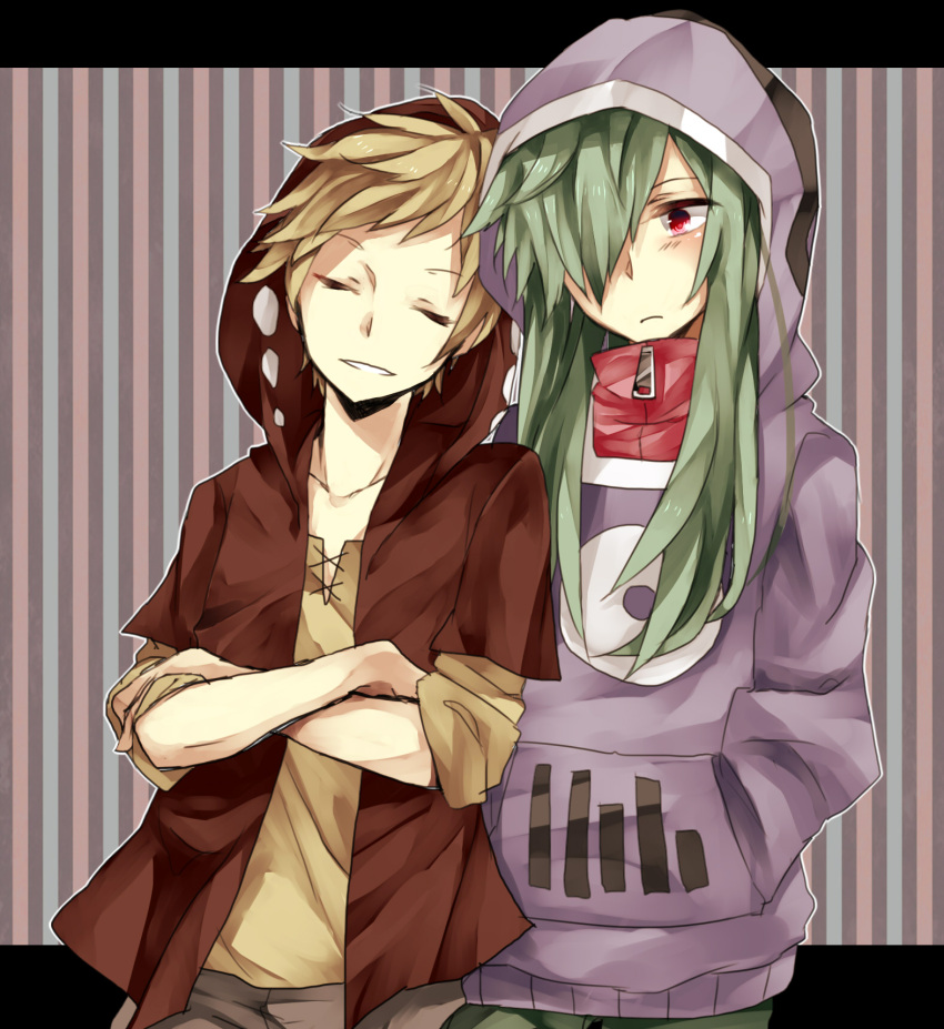 1boy brown_hair brown_shirt closed_eyes commentary_request cross-laced_clothes cross-laced_slit facing_viewer female green_hair green_pants grey_background grey_hoodie hair_over_one_eye hand_in_pocket highres hood hood_up hoodie kagerou_project kano_shuuya kido_tsubomi letterboxed long_hair long_sleeves mekakushi_code_(vocaloid) multicolored_background open_clothes pants pocket print_hoodie ria_(akl14) shirt short_hair smile striped striped_background upper_body vertical_stripes