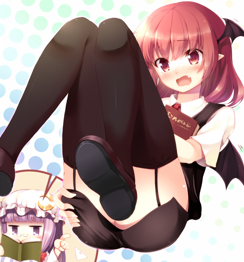 2girls bad_id bad_pixiv_id bespectacled black_legwear blush book crescent embarrassed garter_straps glasses hat head_wings highres koakuma komone_ushio long_hair long_legs multiple_girls oerba_yun_fang open_book open_mouth patchouli_knowledge pince-nez pointy_ears purple_eyes purple_hair red_eyes red_hair shoes short_hair striped thighhighs touhou vertical_stripes wavy_mouth wings