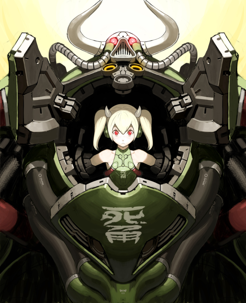 :< aged_down albino angry armor armpits bare_shoulders big_bull_crocker cable closed_mouth commentary_request cow_horns female flat_chest from_below frown genderswap_(mtf) glowing glowing_eyes hair_between_eyes halterneck highres horns looking_at_viewer max_anarchy official_art pale_skin photoshop_(medium) power_armor red_eyes rule_63 short_hair short_twintails turtleneck twintails upper_body v-shaped_eyebrows white_hair yoshimura_ken'ichirou