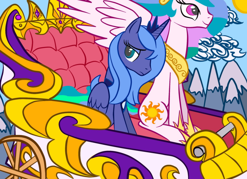 2012 alicorn blue_hair chariot crown cutie_mark equid equine female feral friendship_is_magic hair hasbro headgear horn horse long_hair mammal multicolored_hair my_little_pony mythological_creature mythological_equine mythology pony princess princess_celestia_(mlp) princess_luna_(mlp) royalty sad sibling_(lore) sister_(lore) sisters_(lore) smile wings