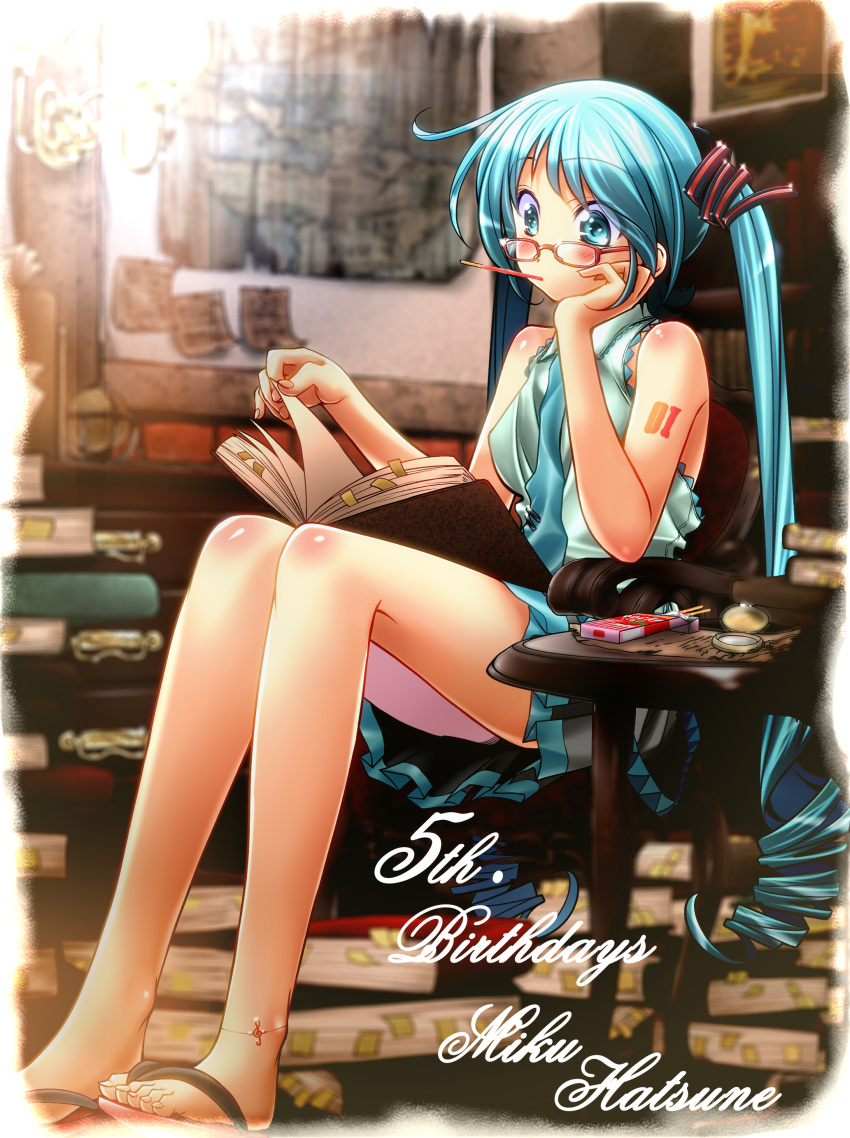 absurdres anklet aqua_eyes aqua_hair bespectacled blush book commentary_request feet female food glasses happy_birthday hatsune_miku head_rest highres jewelry long_hair mouth_hold pocky reading red-framed_eyewear sandals shizuki_shuuya sitting skirt solo strawberry_pocky toes twintails very_long_hair vocaloid