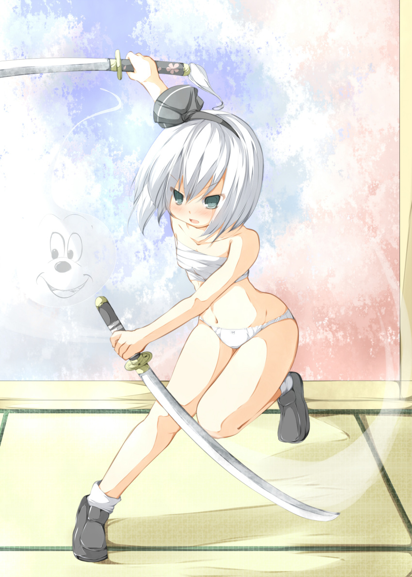 bad_id bad_pixiv_id black_hairband blue_eyes chest_sarashi disney dual_wielding female ghost hairband highres hitodama holding katana konpaku_youmu konpaku_youmu_(ghost) mickey_mouse panties sarashi short_hair solo sword tabuchi_(tabuchisanchi) touhou underwear underwear_only weapon white_hair white_panties