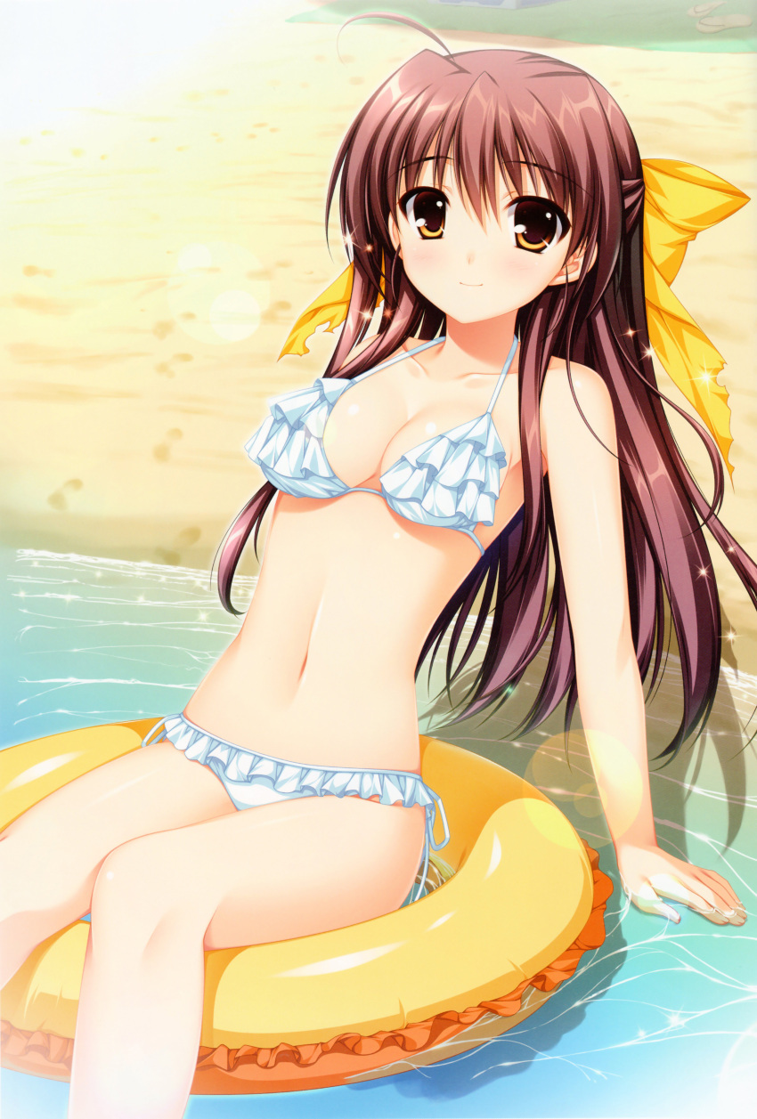 absurdres ahoge alpha_(yukai_na_nakamatachi) arm_support beach bikini blush bow breasts brown_eyes cleavage female frilled_bikini frills hairbow half_updo highres hinata_natsumi_(sharin_no_kuni) innertube leaning_back lens_flare light_smile long_hair looking_at_viewer medium_breasts navel outdoors partially_submerged photoshop_(medium) red_hair scan sharin_no_kuni_himawari_no_shoujo shiny_skin side-tie_bikini_bottom sitting smile solo swim_ring swimsuit water white_bikini