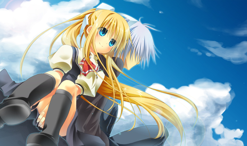 1boy air_(visual_novel) back-to-back blonde_hair blue_eyes closed_eyes commentary_request day female hanamiya_natsuka highres kamio_misuzu kunisaki_yukito long_hair ponytail school_uniform short_hair sky white_hair