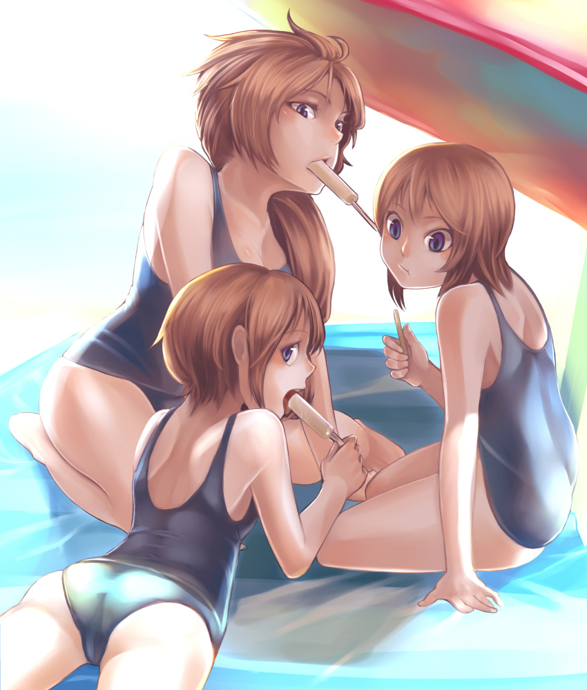 ass blue_eyes blush elpeo_puru food gundam gundam_unicorn gundam_zz highres konnyaku_(kk-monmon) long_hair lying marida_cruz multiple_girls orange_hair ponytail popsicle puru_two sitting swimsuit