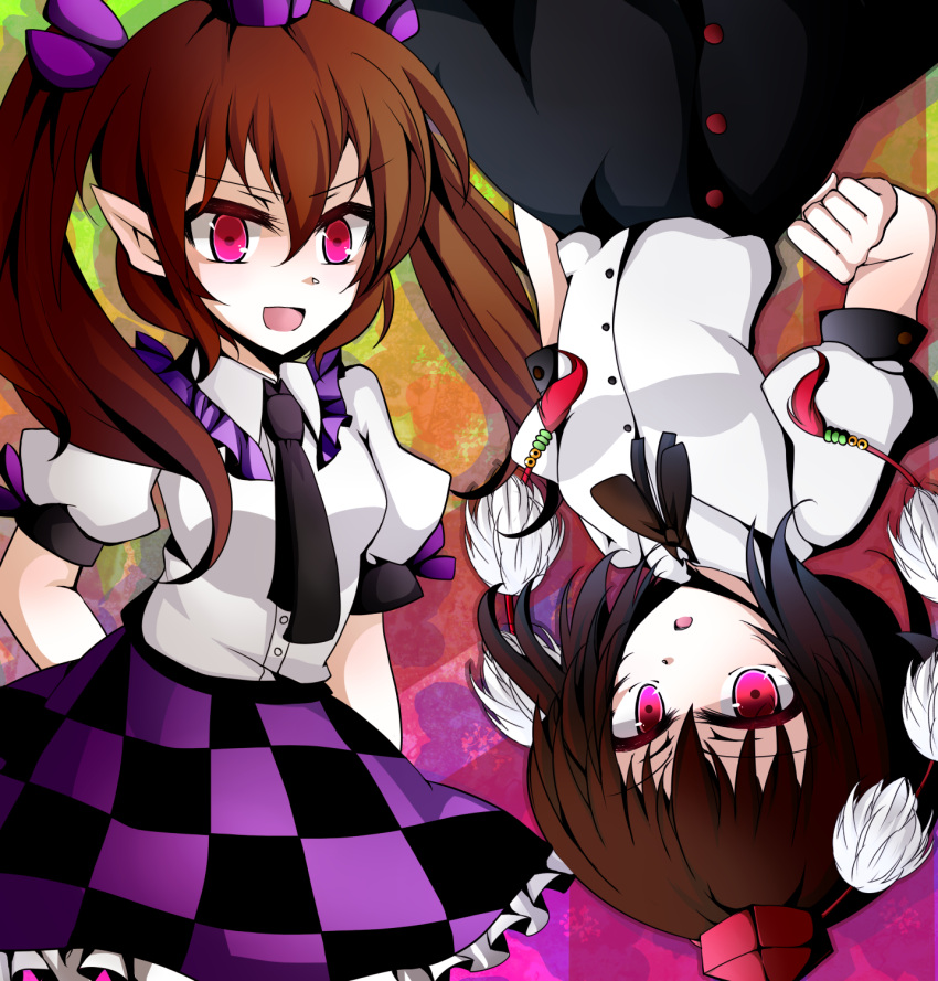 2girls bad_id bad_pixiv_id brown_hair hat highres himekaidou_hatate kuroi_paseri long_hair multiple_girls necktie open_mouth puffy_sleeves red_eyes shameimaru_aya short_hair short_sleeves tokin_hat touhou twintails upside-down