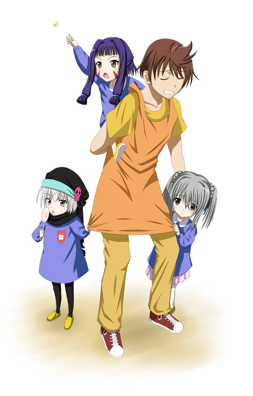 1boy 3girls absurdres aged_down apron apron_grab bad_id bad_pixiv_id black_scarf blue_hair blush brown_eyes brown_hair bug butterfly candy carrying closed_eyes food grey_hair hachisuka_goemon hat highres kindergarten kindergarten_teacher kindergarten_uniform licking lollipop maeda_inuchiyo multiple_girls oda_nobuna_no_yabou pantyhose piggyback red_eyes sagara_yoshiharu scarf short_hair simple_background sweatdrop swirl_lollipop takenaka_hanbee_(oda_nobuna_no_yabou) tears tongue twintails wet_hachi white_background white_hair