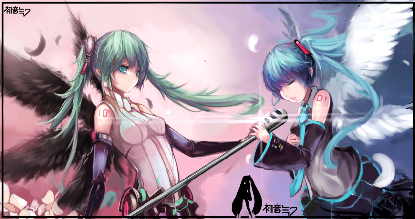 2girls alisa_(kuro_no_sakura) aqua_eyes aqua_hair bad_id bad_pixiv_id center_opening closed_eyes dual_persona elbow_gloves feathers gloves green_hair hatsune_miku hatsune_miku_(append) highres long_hair microphone multiple_girls music necktie open_mouth photoshop_(medium) singing smile twintails very_long_hair vocaloid vocaloid_append wings